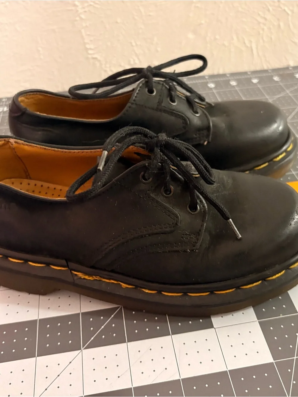Dr. Martens Black Leather Derby Shoes with Yellow Stitching